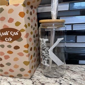 Glass Can Cup with Bamboo Lid and Straw